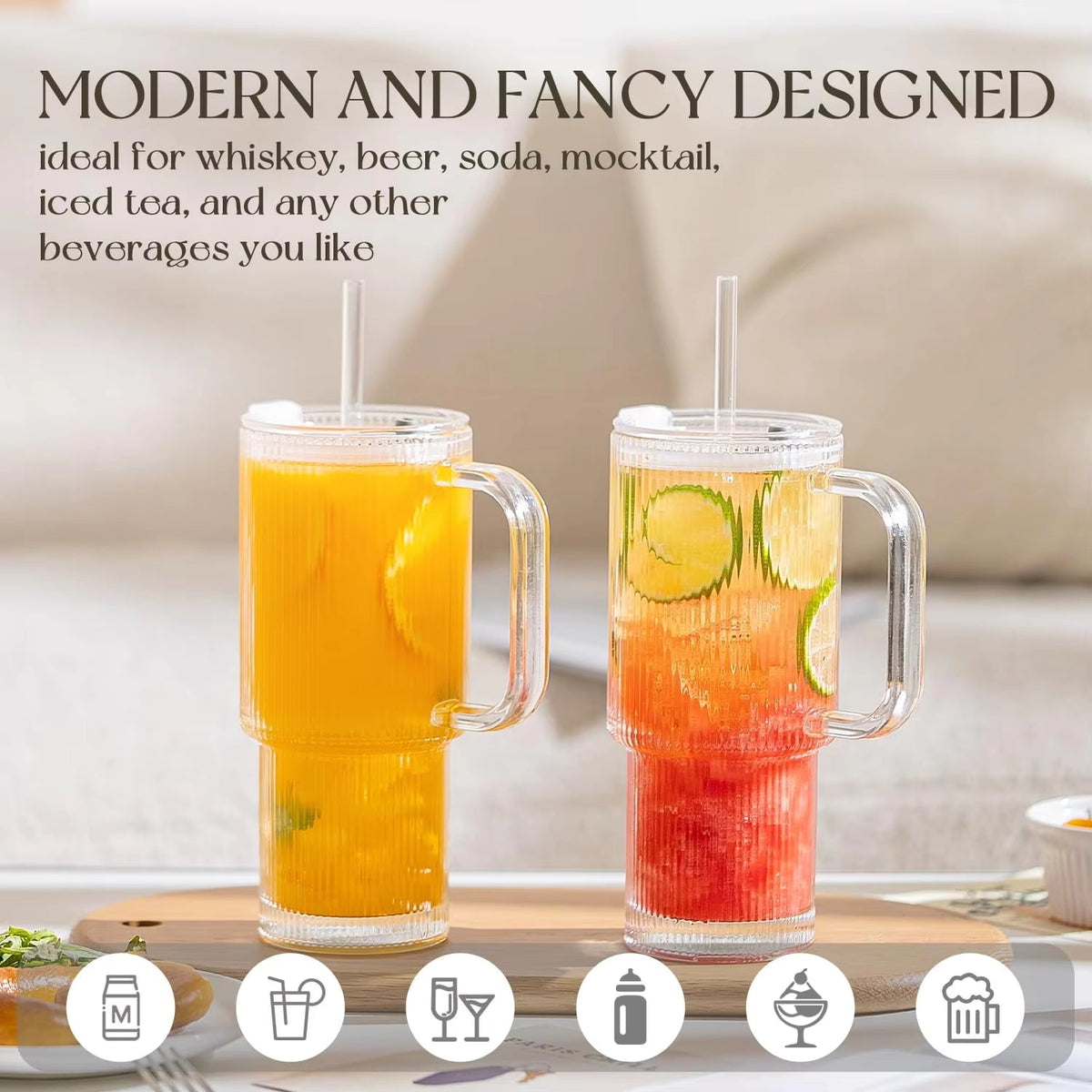 Globetrek° GlassTumbler: Stor Kapacitet Klar Ribbet Design Glas Tumbler