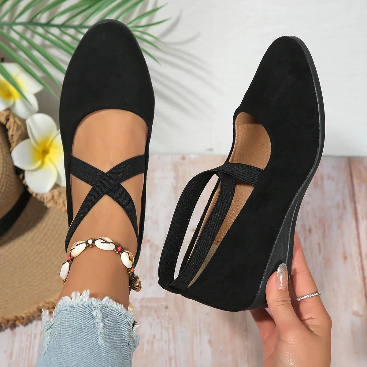 Happy™ BallerinaShoes: Kvinders Criss-Kryds Lukket Lav-Hæl Ballerina Sko