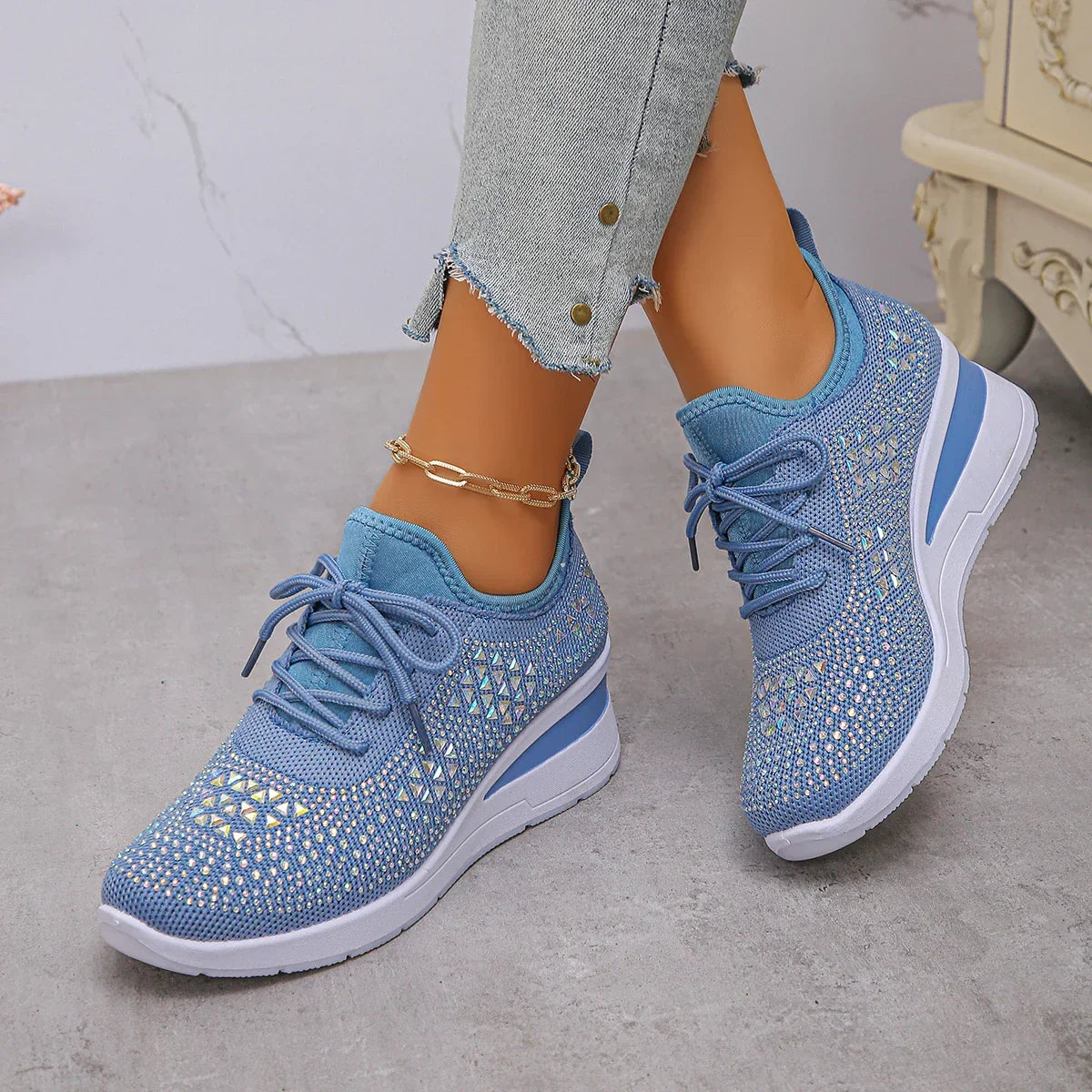 Happy™ WomenSneakers: Stilfuld Åndbar Kile Kvinder Sneakers Med Glitrende Rhinsten