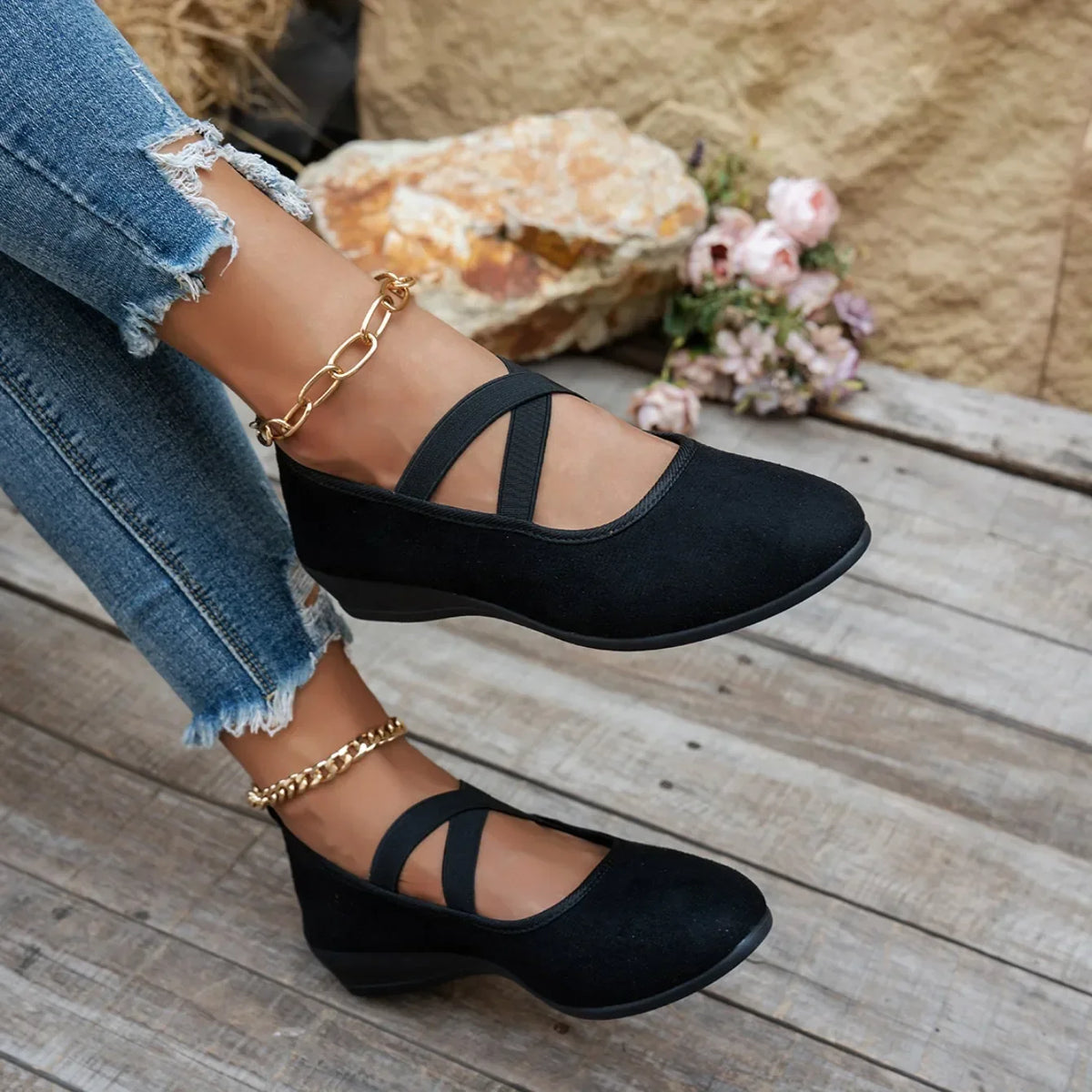 Happy™ BallerinaShoes: Kvinders Criss-Kryds Lukket Lav-Hæl Ballerina Sko
