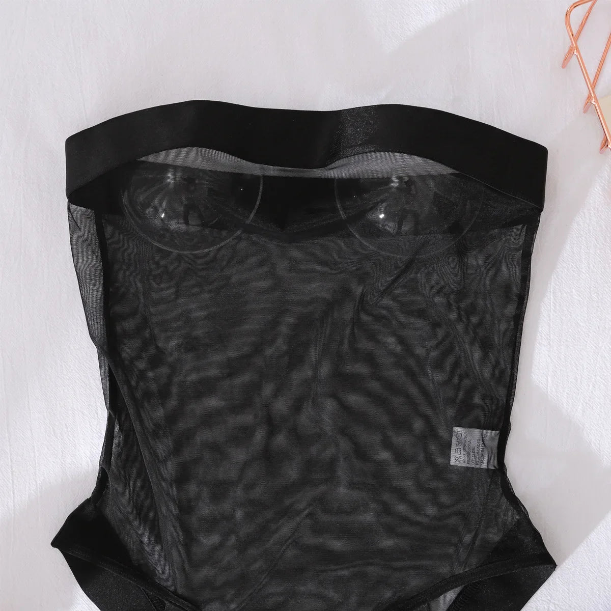 Icone™ SheerBodysuit: Forførende Sort Gennemsigtig Garter Bodysuit