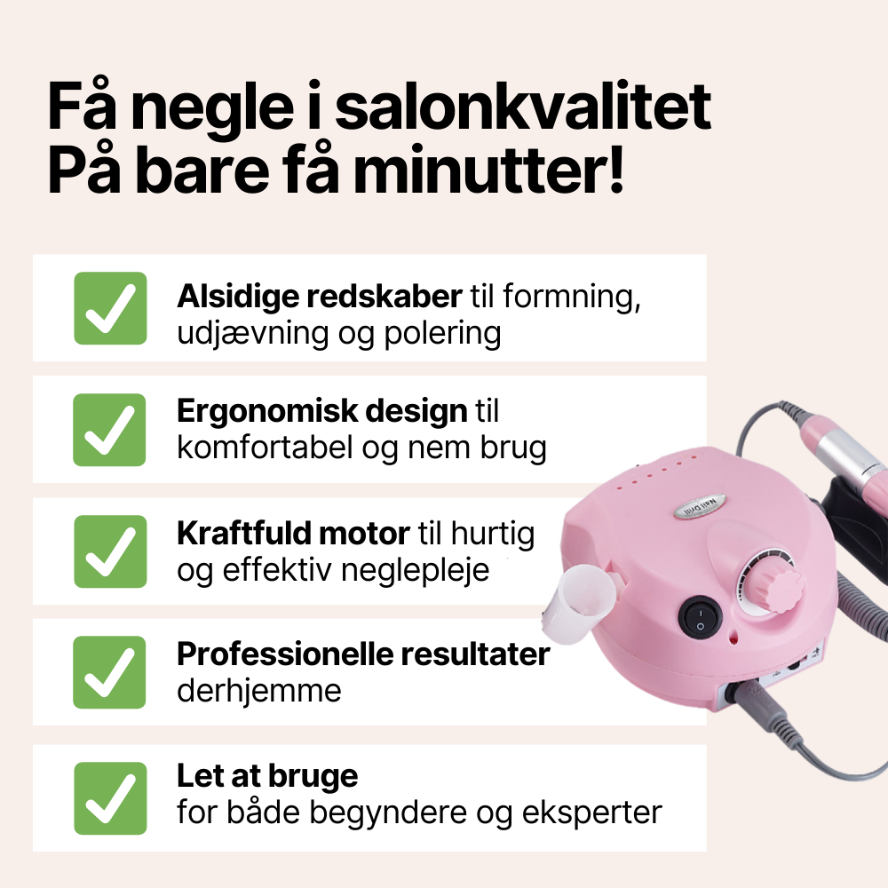 Nærbillede af detaljer på NailMaster Pro elektrisk neglefil med tilbehør