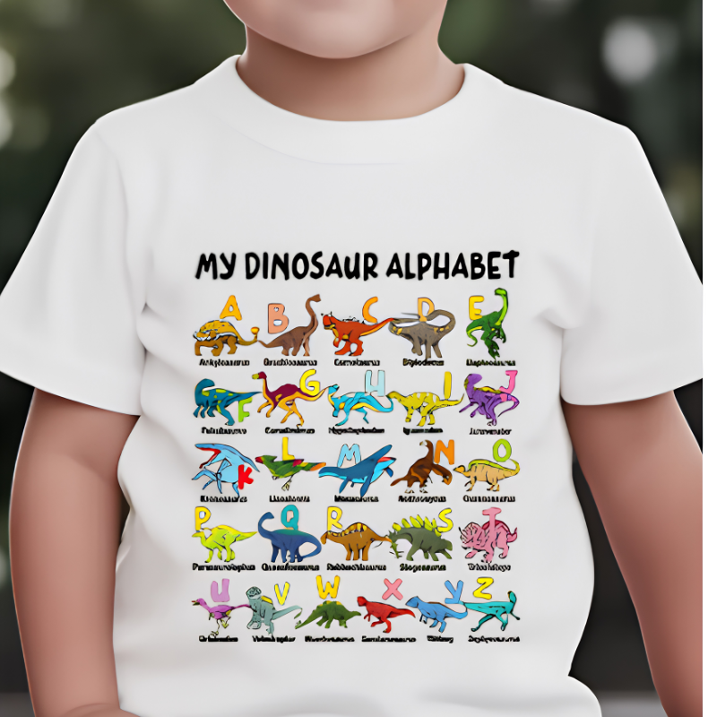 Kletshuts™ DinosaurShirt - Dinosaur Alfabet T-Shirt Til Drenge Og Piger