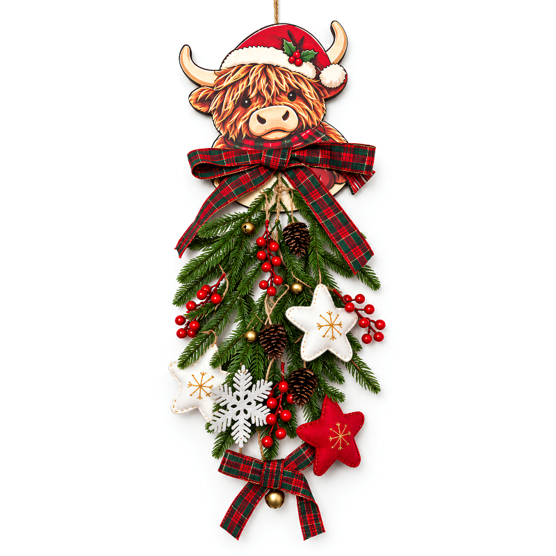 Ledsen™ HighlandWreath: 2D Highland Cow Julekrans Varm LED Lyskæde Festlig Dekoration