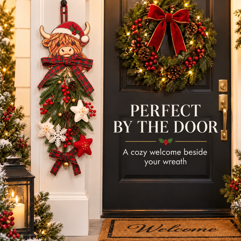 Ledsen™ HighlandWreath: 2D Highland Cow Julekrans Varm LED Lyskæde Festlig Dekoration