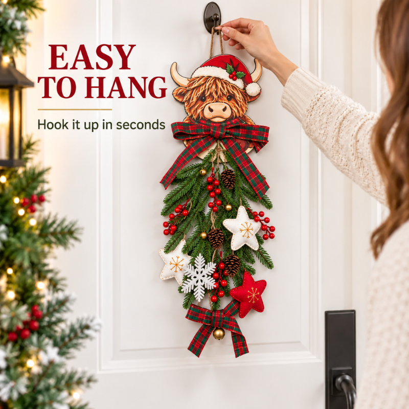 Ledsen™ HighlandWreath: 2D Highland Cow Julekrans Varm LED Lyskæde Festlig Dekoration