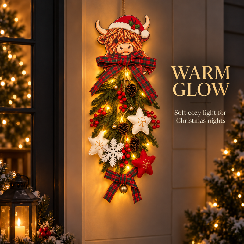 Ledsen™ HighlandWreath: 2D Highland Cow Julekrans Varm LED Lyskæde Festlig Dekoration