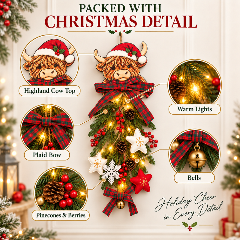 Ledsen™ HighlandWreath: 2D Highland Cow Julekrans Varm LED Lyskæde Festlig Dekoration