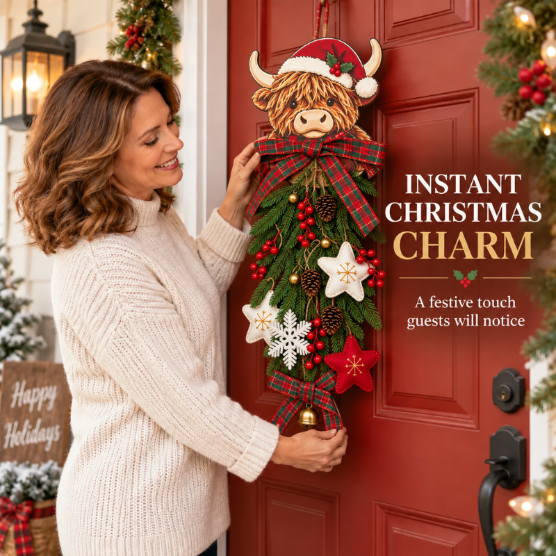 Ledsen™ HighlandWreath: 2D Highland Cow Julekrans Varm LED Lyskæde Festlig Dekoration