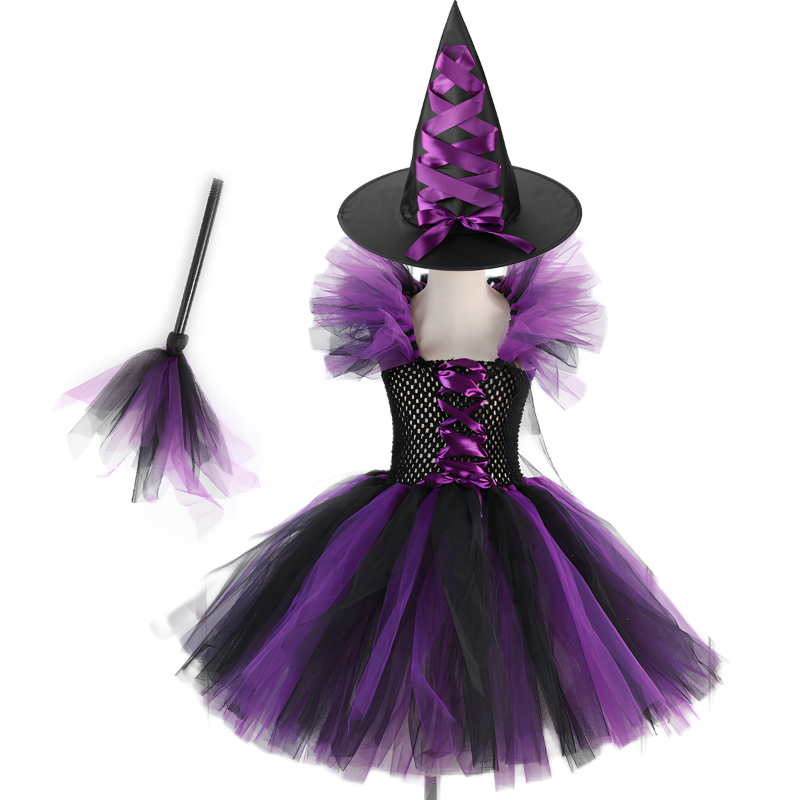 Kletshuts™  WitchCostume - Børns Heks Kostume Kjole, Hat Og Fejeblad Sæt