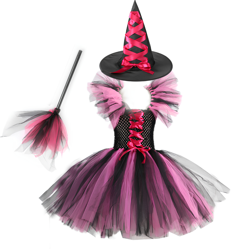 Kletshuts™  WitchCostume - Børns Heks Kostume Kjole, Hat Og Fejeblad Sæt