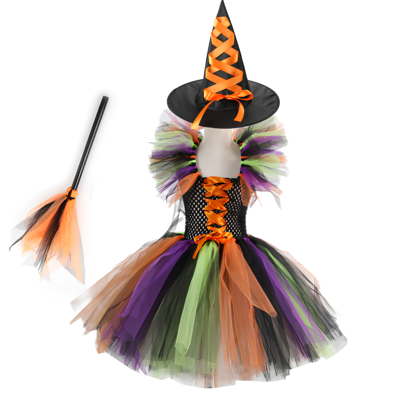 Kletshuts™  WitchCostume - Børns Heks Kostume Kjole, Hat Og Fejeblad Sæt