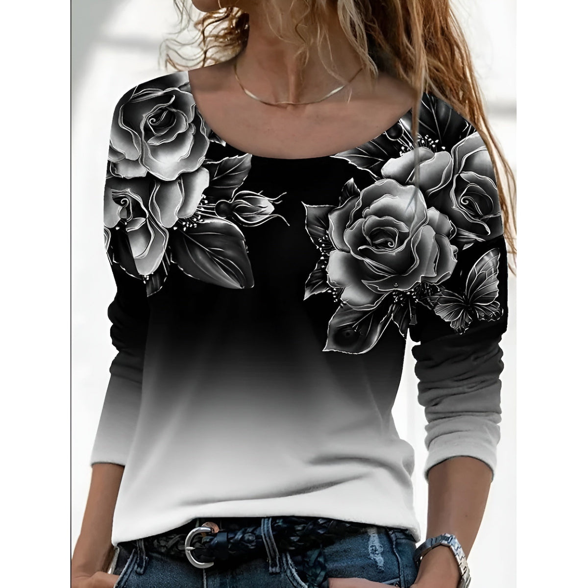 Icone™ FloralLongsleeves: Dame Afslappet Komfort Top Rund Hals Blomstret Langærmet
