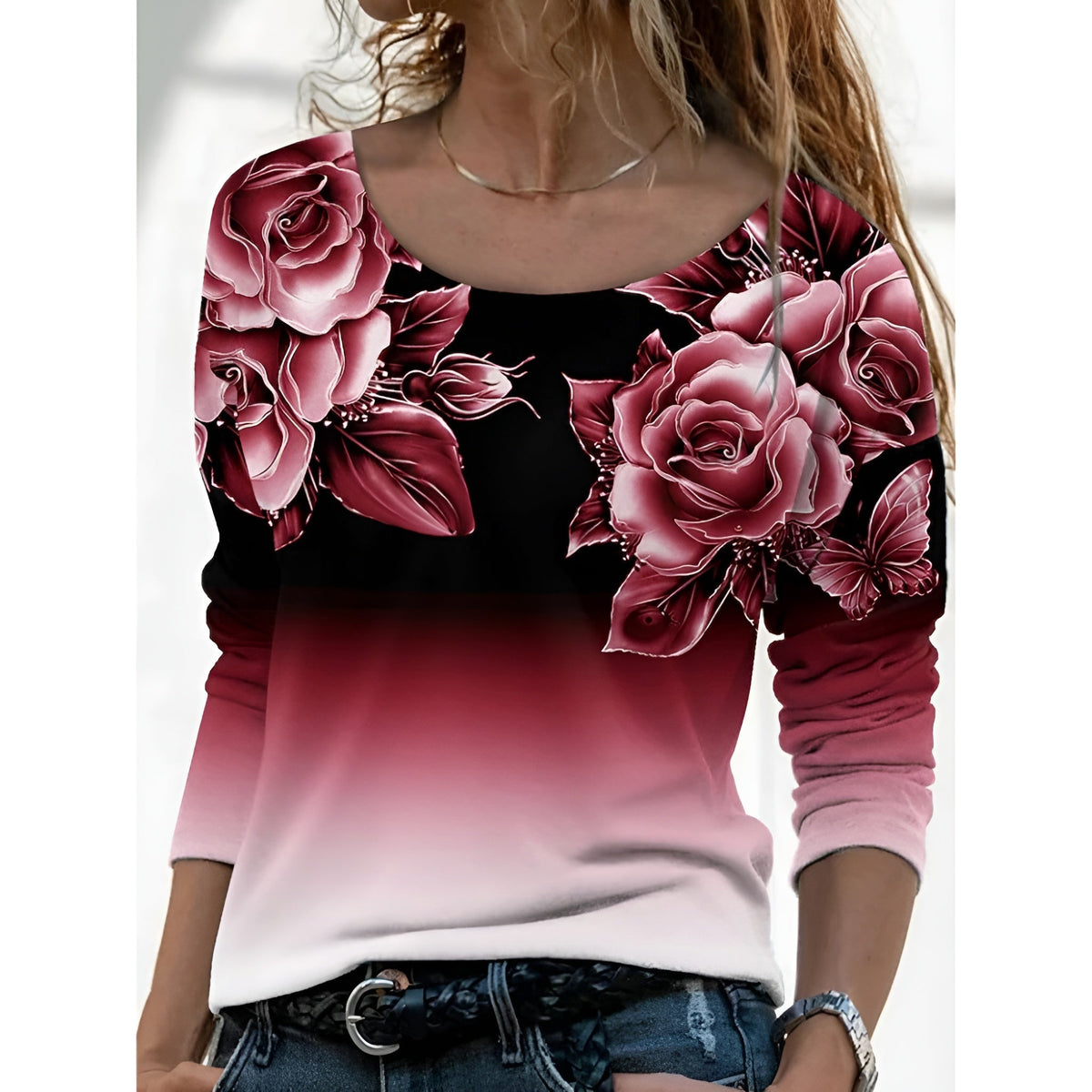 Icone™ FloralLongsleeves: Dame Afslappet Komfort Top Rund Hals Blomstret Langærmet