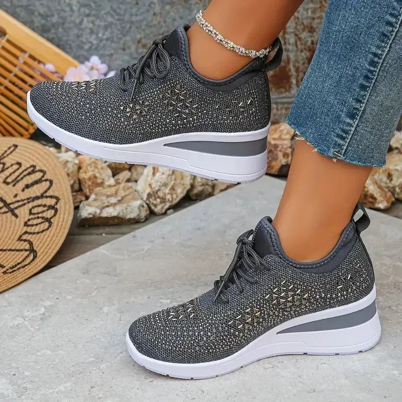 Happy™ WomenSneakers: Stilfuld Åndbar Kile Kvinder Sneakers Med Glitrende Rhinsten