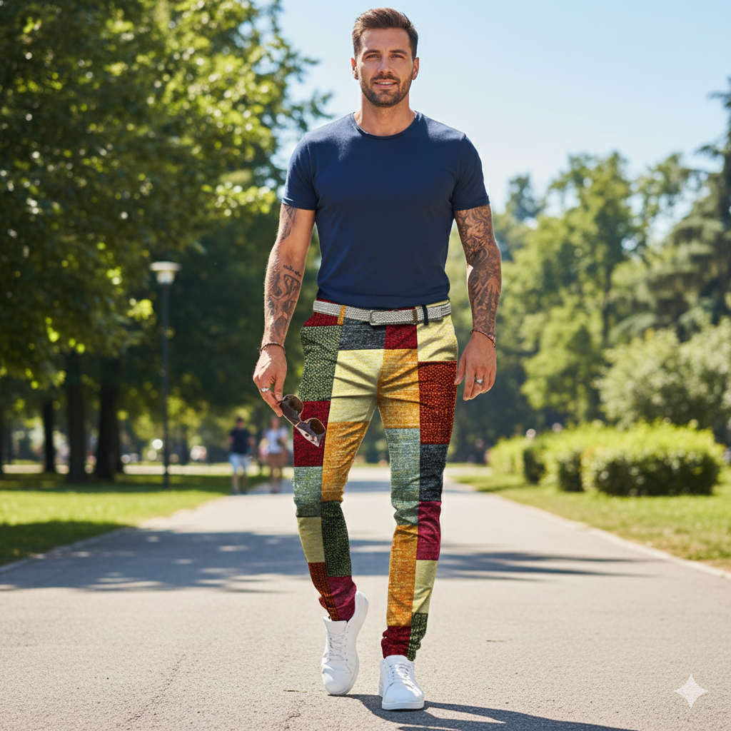 Icone™ RetroTrousers: Stilfulde Farve-Blok Vintage Slim Fit Retro Bukser