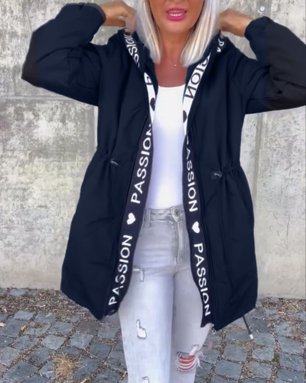 Icone™ HoodedJacket: Kvinders Casual Bogstav Print Snøre Hætte Jakke