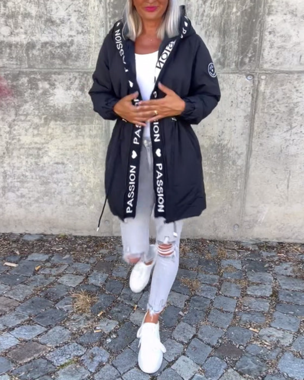 Icone™ HoodedJacket: Kvinders Casual Bogstav Print Snøre Hætte Jakke
