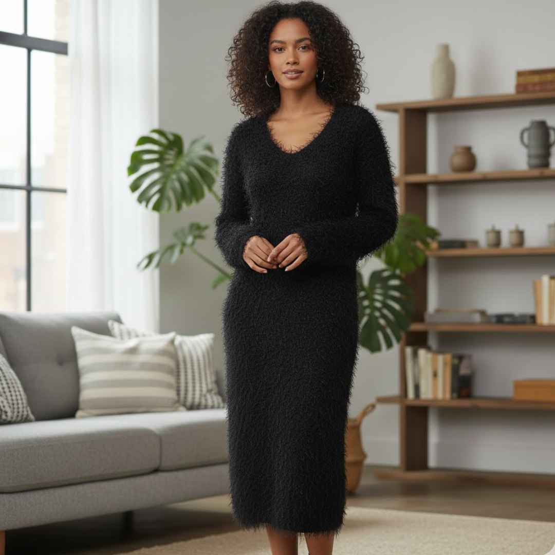 Icone™ CozyDress: Kvinders Elegante Faux-Blød V-Hals Maxi Hyggeligt Kjole