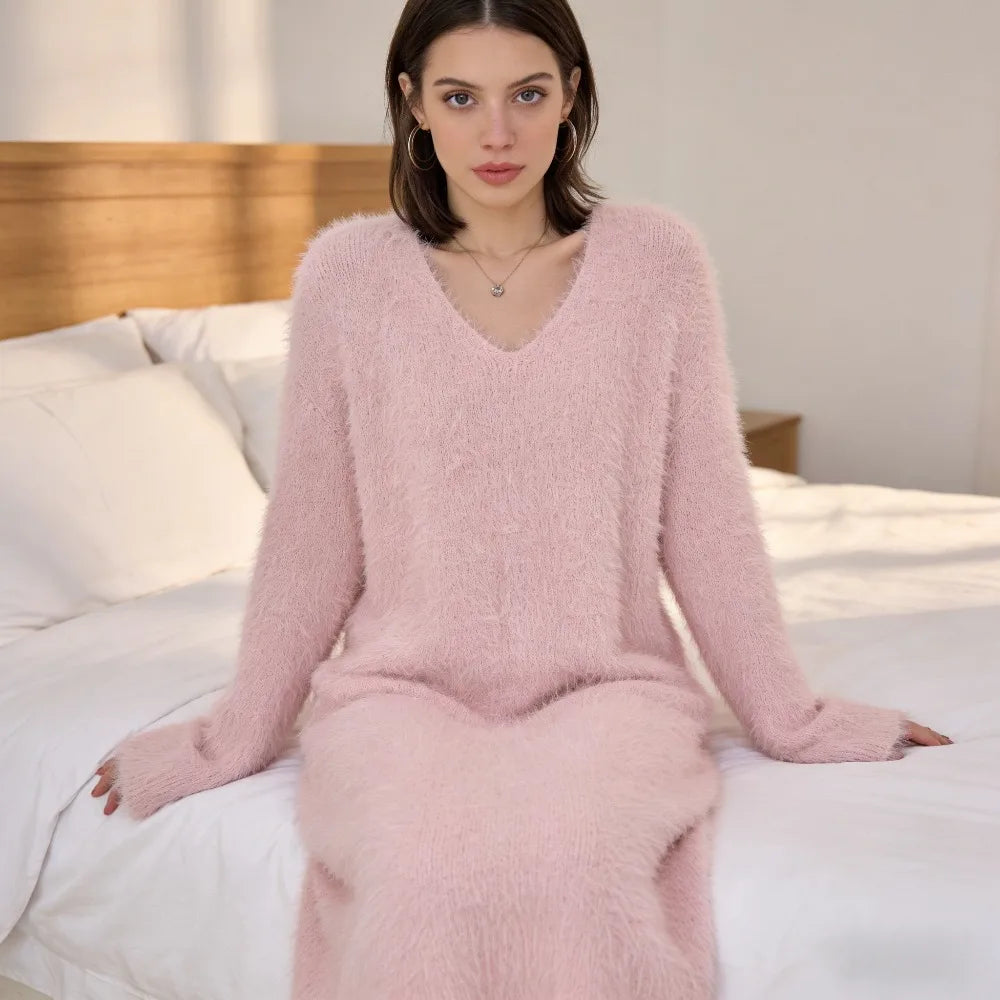 Icone™ CozyDress: Kvinders Elegante Faux-Blød V-Hals Maxi Hyggeligt Kjole