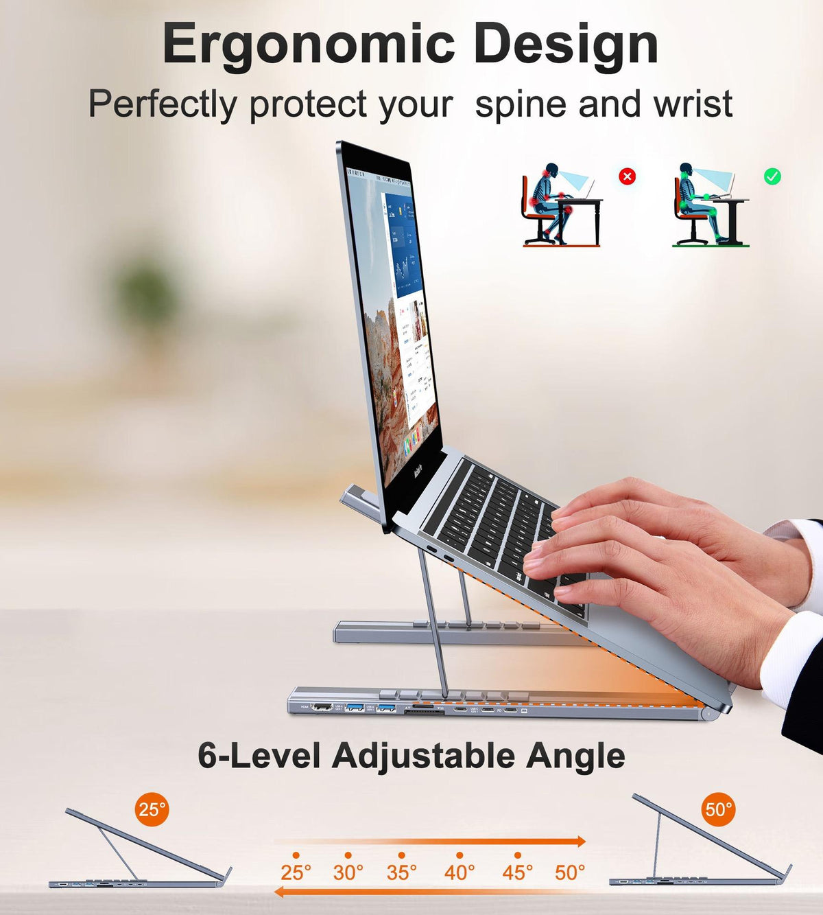 HubStand - Foldbar og Justerbar Multi Port Hub Laptop Stativ