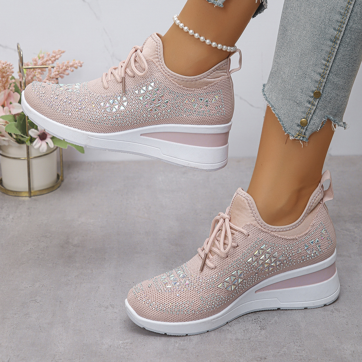 Happy™ WomenSneakers: Stilfuld Åndbar Kile Kvinder Sneakers Med Glitrende Rhinsten