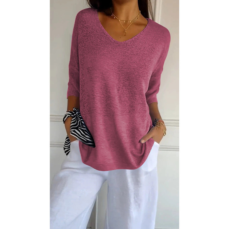 Icone™ KnittedTop: Kvinder V-Hals Mid-Ærme Let Strikkede Top
