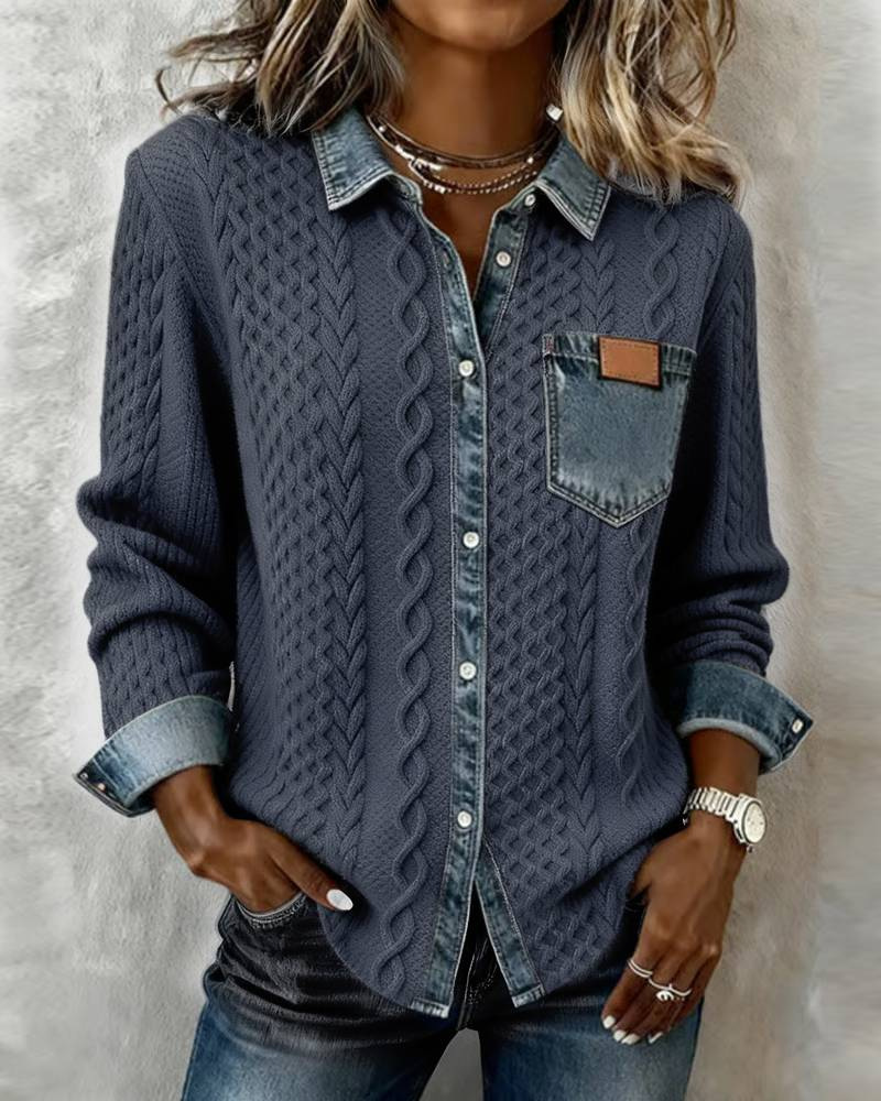 Icone™ DenimKnitwear: Kvinders Med Krave Patchwork Knap-Ned Denim Strik