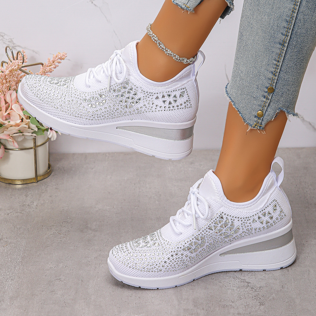 Happy™ WomenSneakers: Stilfuld Åndbar Kile Kvinder Sneakers Med Glitrende Rhinsten