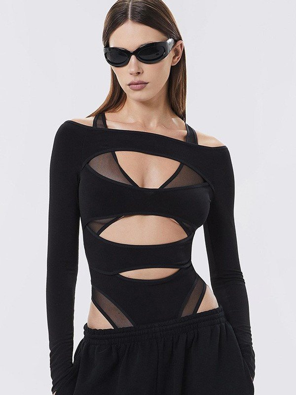 Icone™ MeshBodysuit: Kvinders Hul-Ud Langærmet Mesh Bodysuit