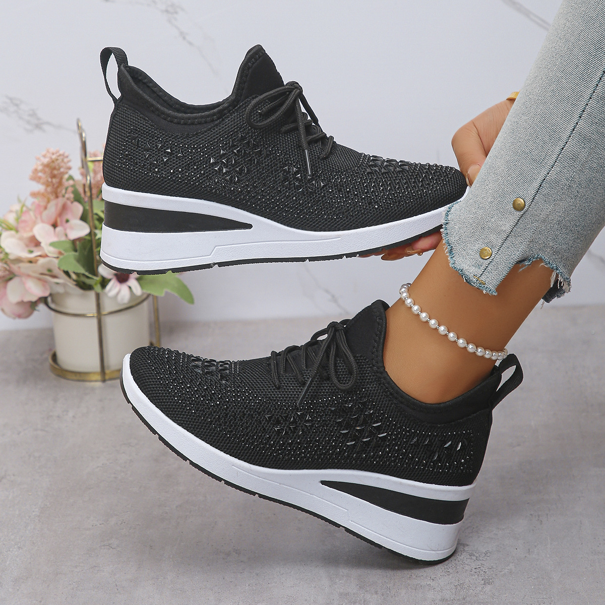 Happy™ WomenSneakers: Stilfuld Åndbar Kile Kvinder Sneakers Med Glitrende Rhinsten