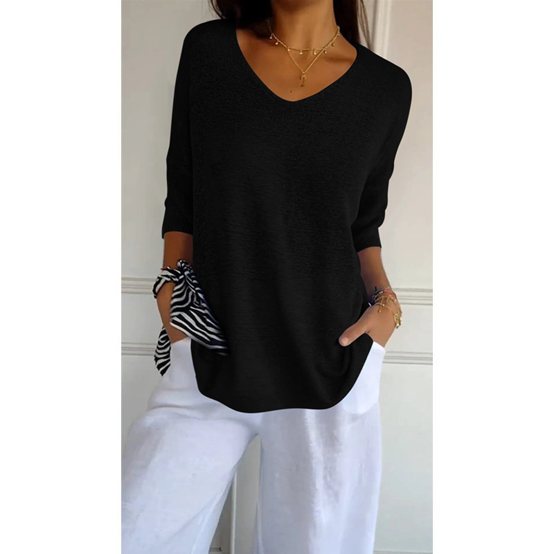 Icone™ KnittedTop: Kvinder V-Hals Mid-Ærme Let Strikkede Top