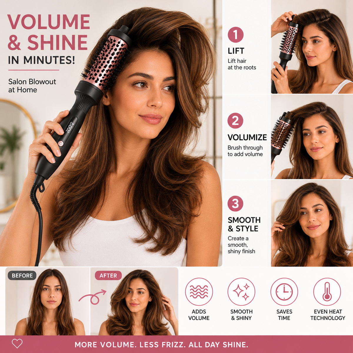 Rose® HairBrush: Multi-styling Hårvolumen og Glansbørste