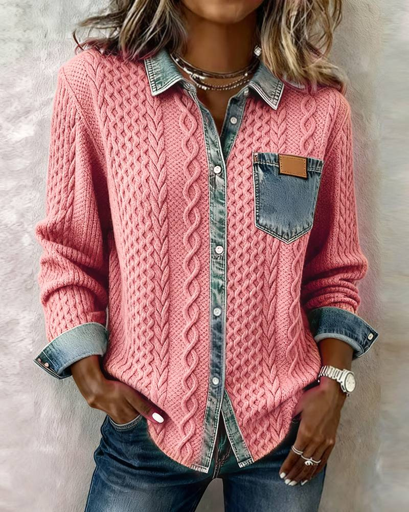 Icone™ DenimKnitwear: Kvinders Med Krave Patchwork Knap-Ned Denim Strik
