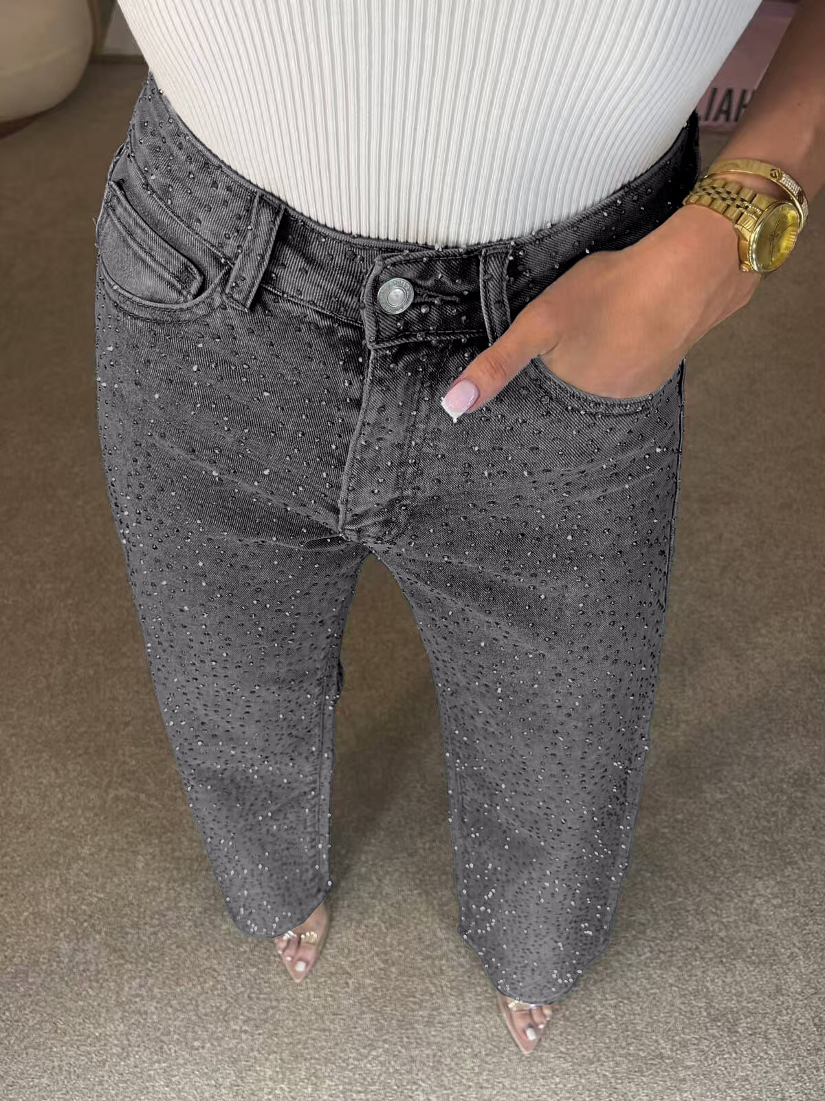 Icone™ SparklingJeans: Rhinsten-Udsmykkede Højtaljede Lige-Ben Mousserende Jeans Med Bælte