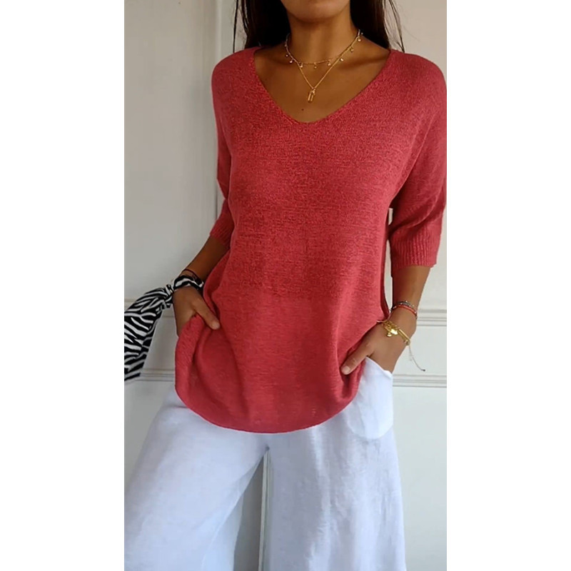 Icone™ KnittedTop: Kvinder V-Hals Mid-Ærme Let Strikkede Top