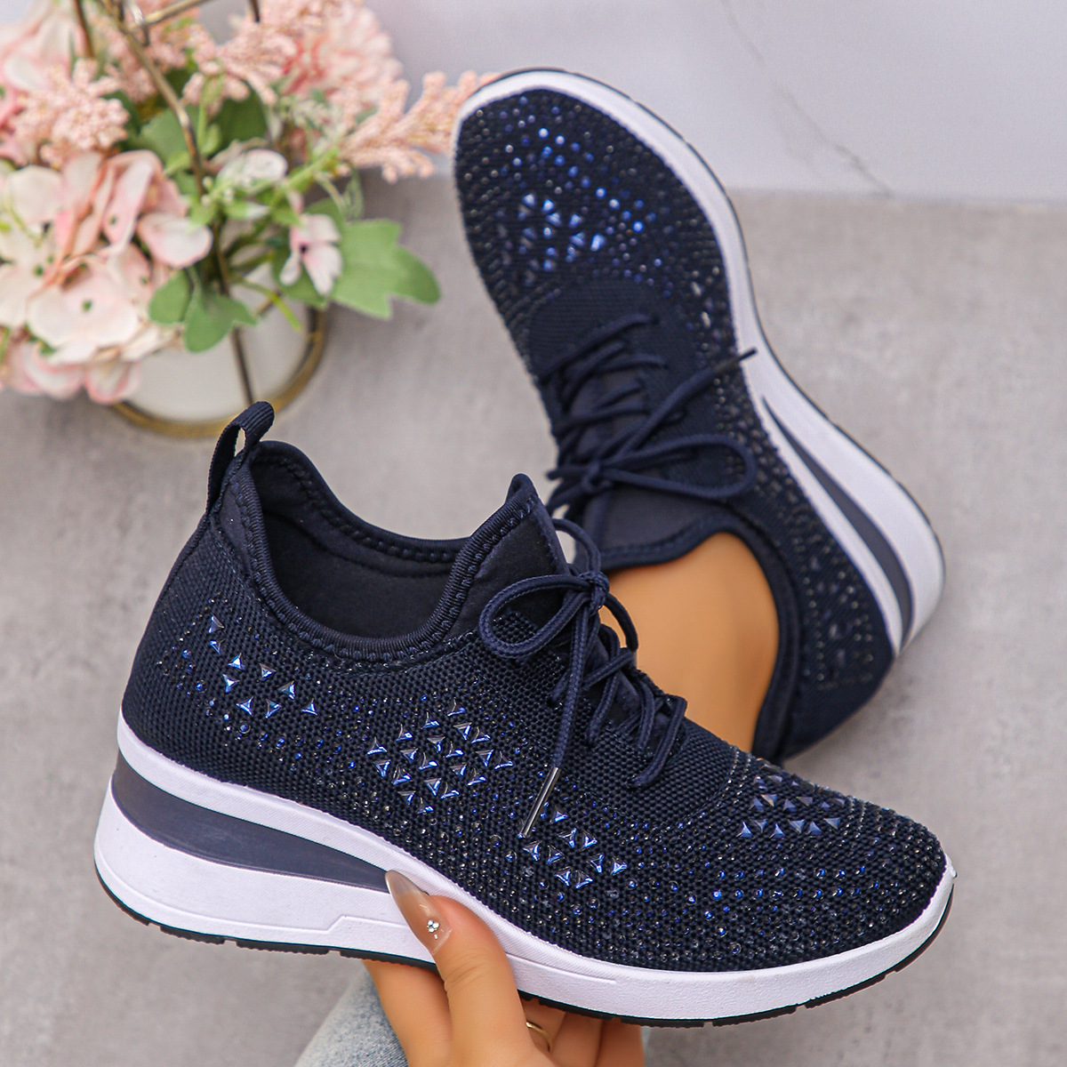 Happy™ WomenSneakers: Stilfuld Åndbar Kile Kvinder Sneakers Med Glitrende Rhinsten