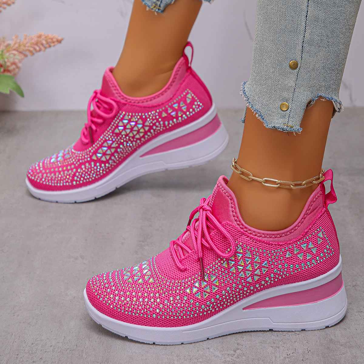 Happy™ WomenSneakers: Stilfuld Åndbar Kile Kvinder Sneakers Med Glitrende Rhinsten
