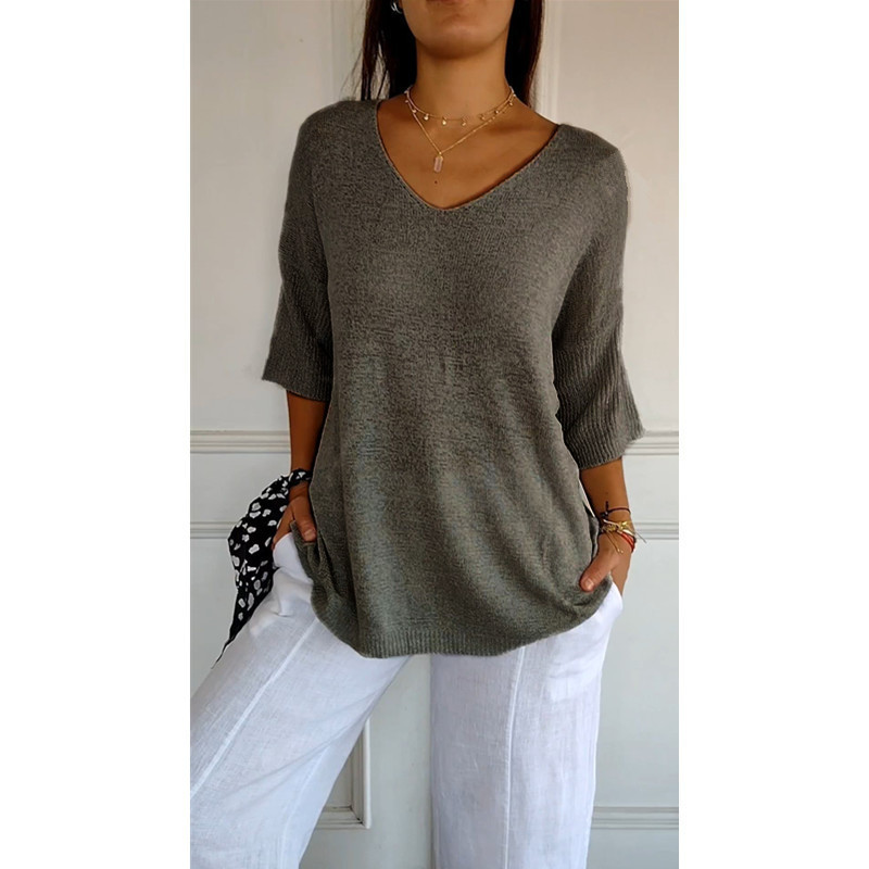 Icone™ KnittedTop: Kvinder V-Hals Mid-Ærme Let Strikkede Top