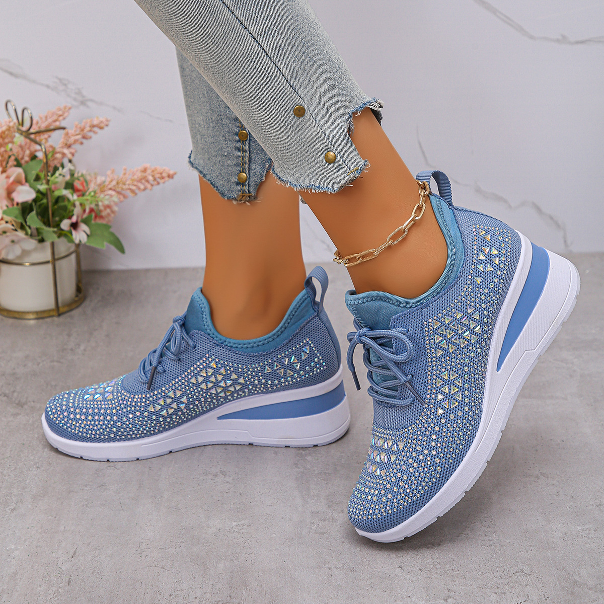 Happy™ WomenSneakers: Stilfuld Åndbar Kile Kvinder Sneakers Med Glitrende Rhinsten