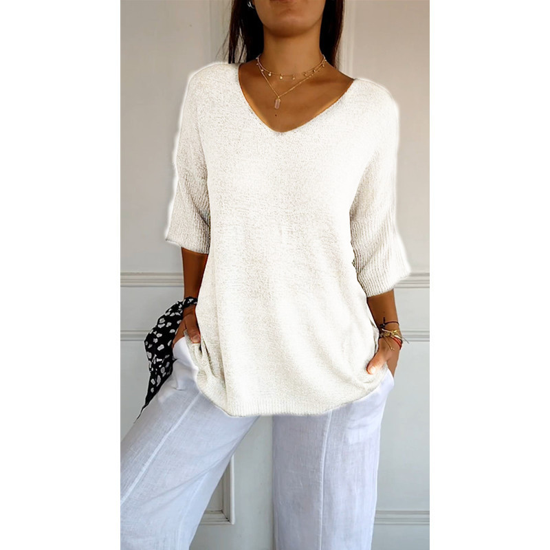 Icone™ KnittedTop: Kvinder V-Hals Mid-Ærme Let Strikkede Top