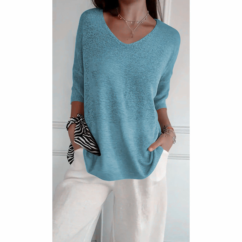 Icone™ KnittedTop: Kvinder V-Hals Mid-Ærme Let Strikkede Top