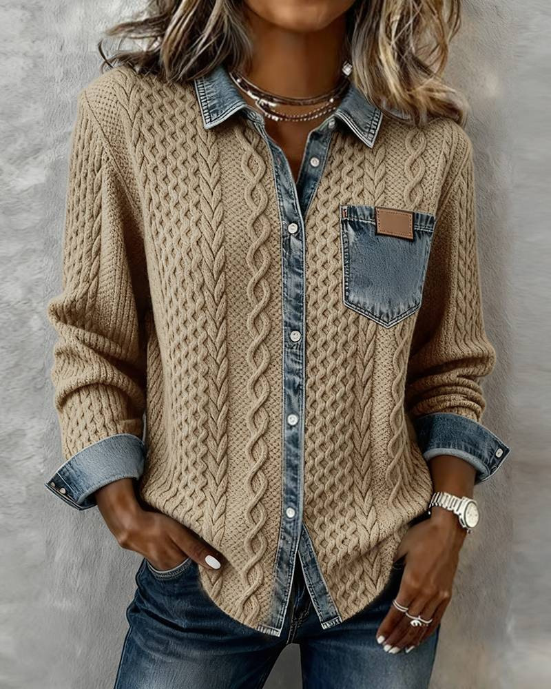 Icone™ DenimKnitwear: Kvinders Med Krave Patchwork Knap-Ned Denim Strik