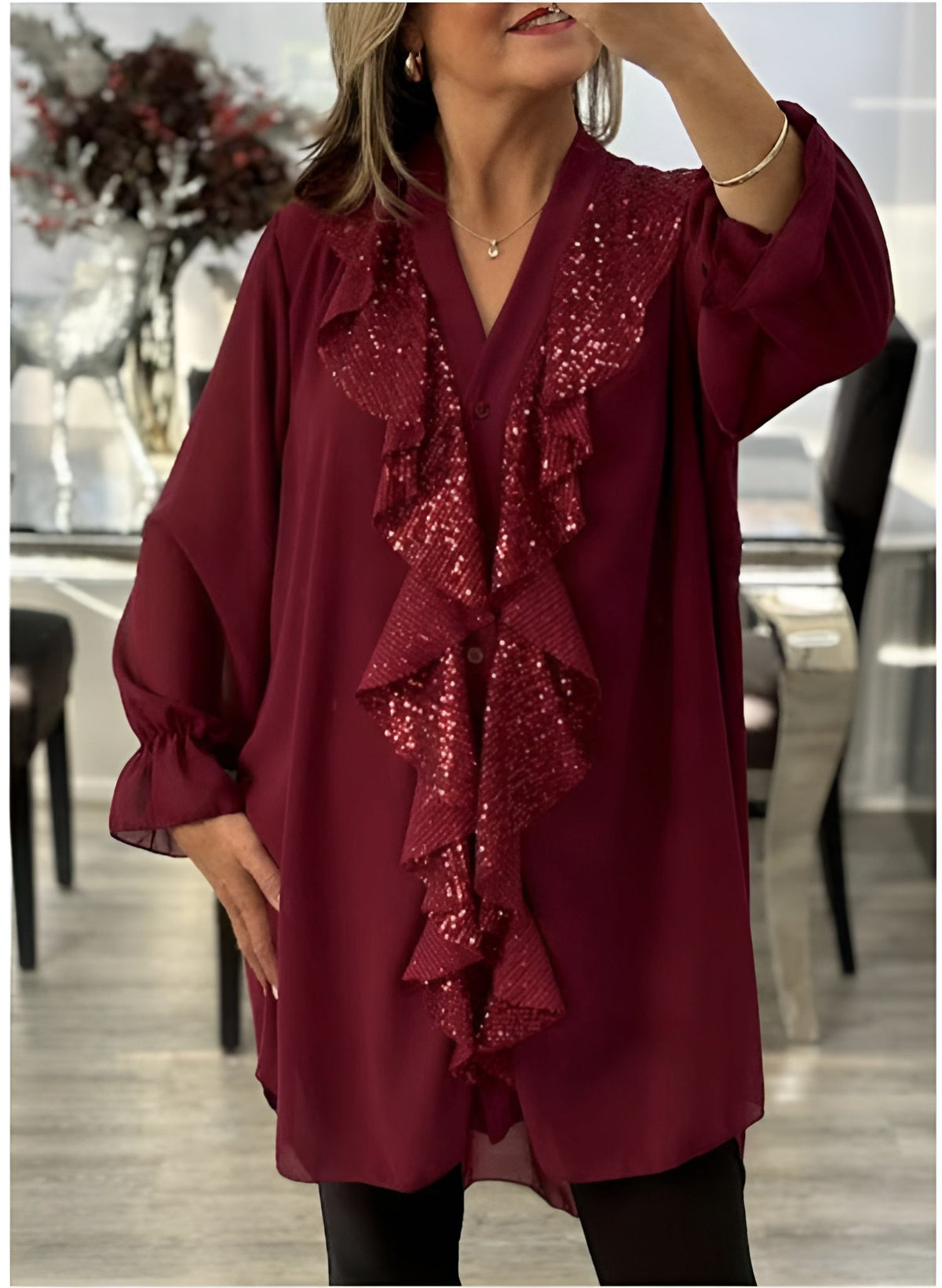 Icone™ SequinBlouse: Kvinders Ruffled V-hals Løs Pasform Lang Paillet Bluse