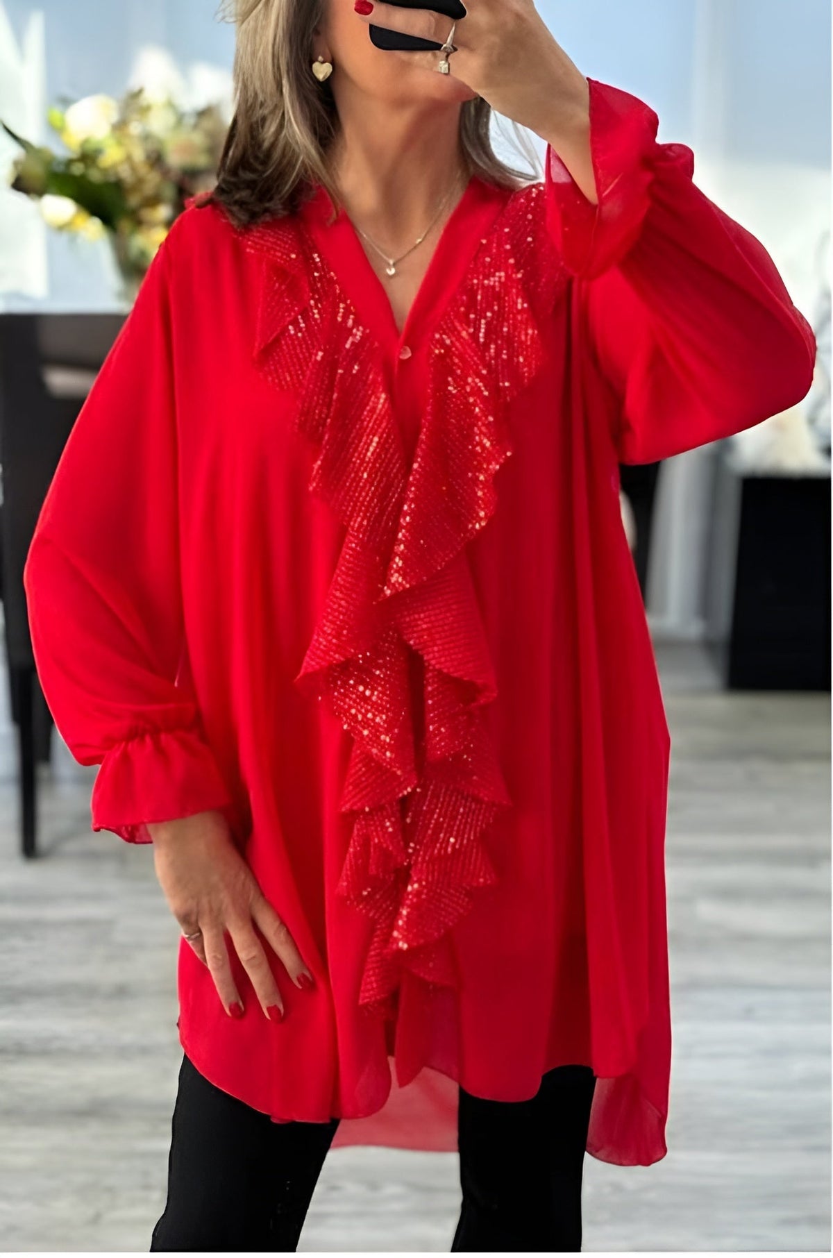 Icone™ SequinBlouse: Kvinders Ruffled V-hals Løs Pasform Lang Paillet Bluse
