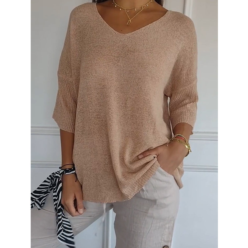 Icone™ KnittedTop: Kvinder V-Hals Mid-Ærme Let Strikkede Top