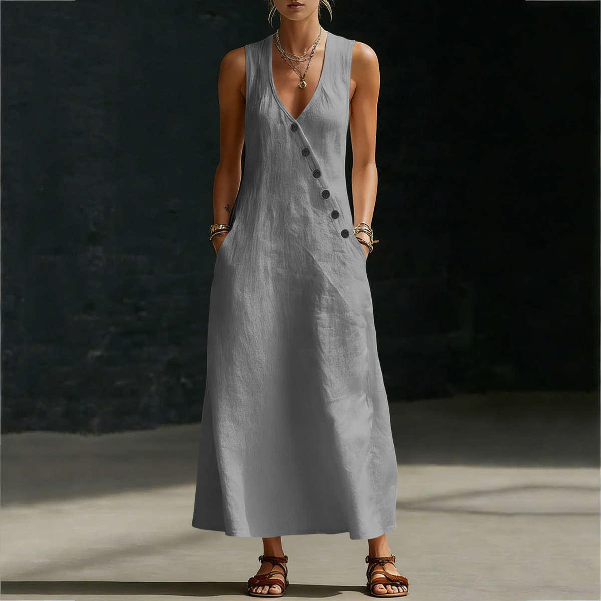 Icone™ ButtonDress - Elegant Løs Pasform Med Knap Accent Afslappet Maxi Kjole