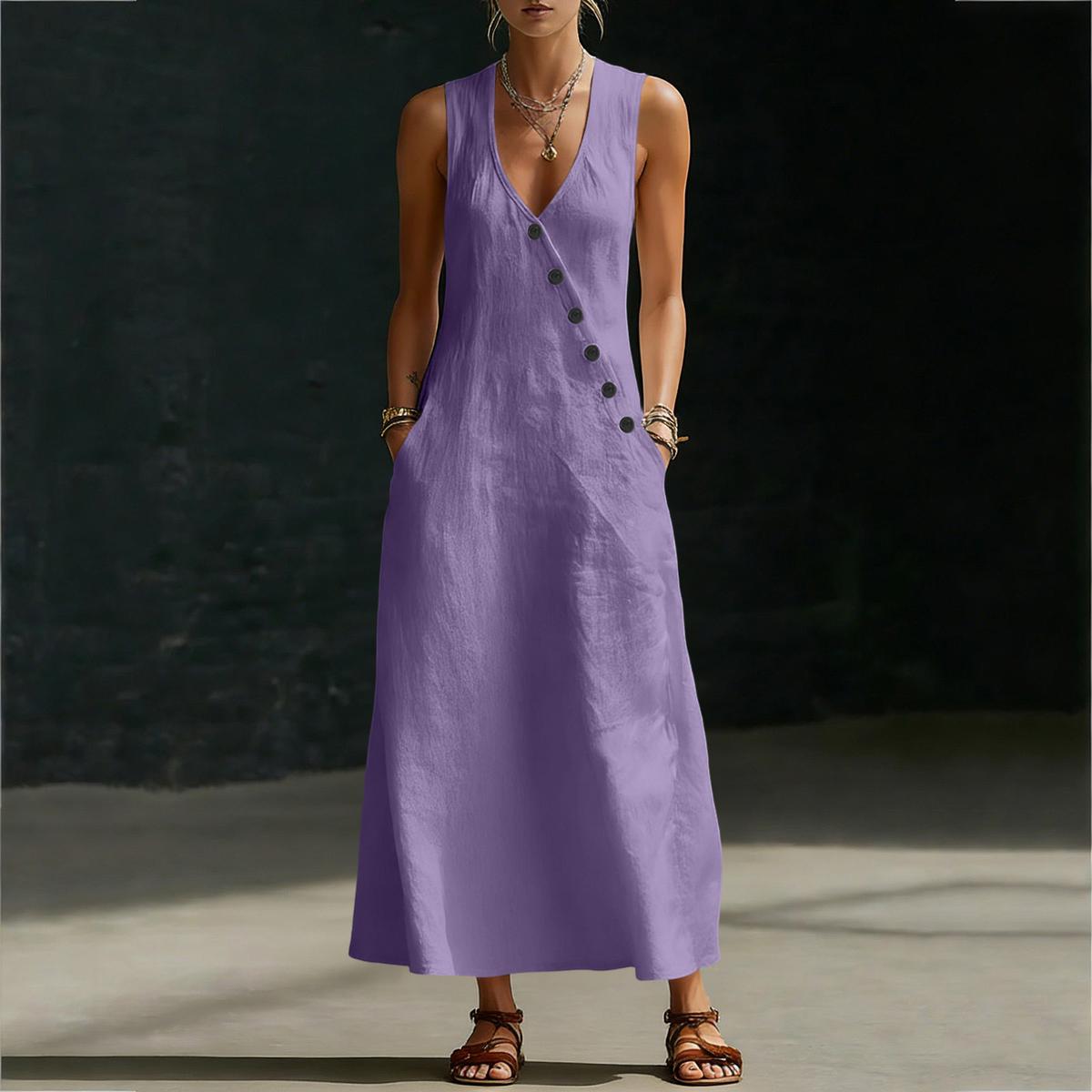 Icone™ ButtonDress - Elegant Løs Pasform Med Knap Accent Afslappet Maxi Kjole