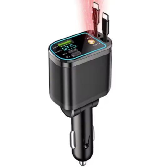 CarCharger: 5-In-1 Opladning Port Indtrækkelig Kabel Hurtig Bil Oplader
