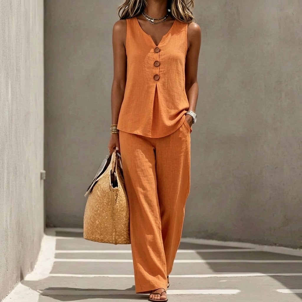 Icone™ LooseOutfit: Ærmeløs Afslappet Top Og Løse Bukser Outfit